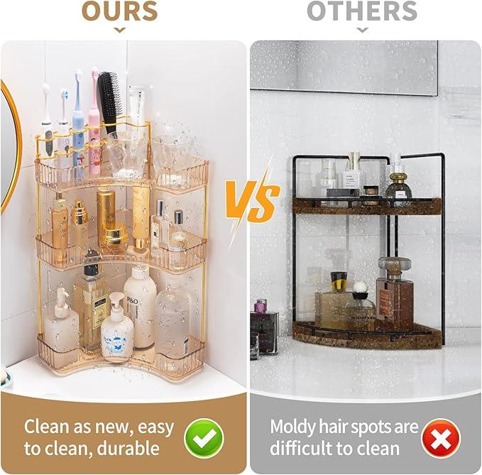 shuang qing Upgraded 3-Tier Corner Bathroom Countertop Organizer – Spacious Storage for Makeup, Skincare & Perfumes, Built-in Brush Holder Fits Vanity/Dresser/Bsthtub (Vintage Gold) - ModernBath