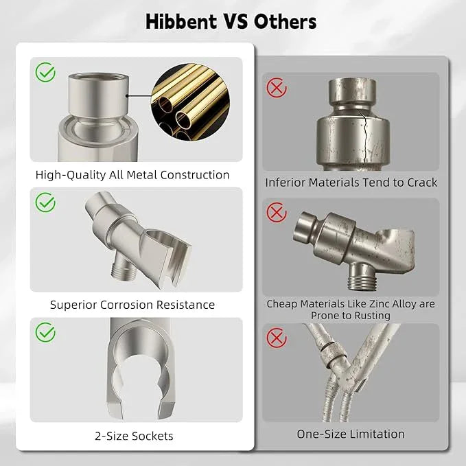 Hibbent Universal All Metal Handheld Shower Head Holder, Adjustable Solid Brass Shower Wand Holder, 2 Size Shower Bracket Holes for Bathroom, Fits All Showerhead Hoses & Shower Arm, Brushed Nickel - ModernBath