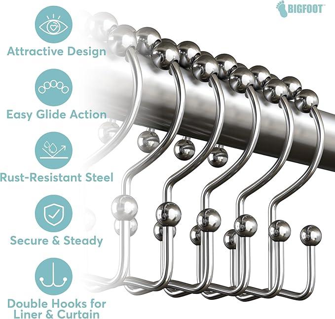 BigFoot Shower Curtain Hooks, Stainless Steel, Rust Resistant, Easy Installation & Smooth Glide, Fits Standard Shower Rods, 2 Hook Rings Hold Liners & Curtains, 12 Pieces, Nickel Color - ModernBath