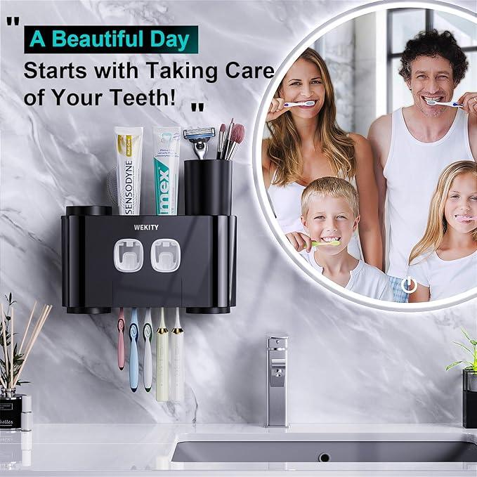 Toothbrush Holder,Multi-Functional Wall Mounted Toothbrush Holder,Toothpaste Dispenser for Bathroom with 2 Toothpaste Squeezers,5 Toothbrush Slots and 4 Cups(Black) - ModernBath