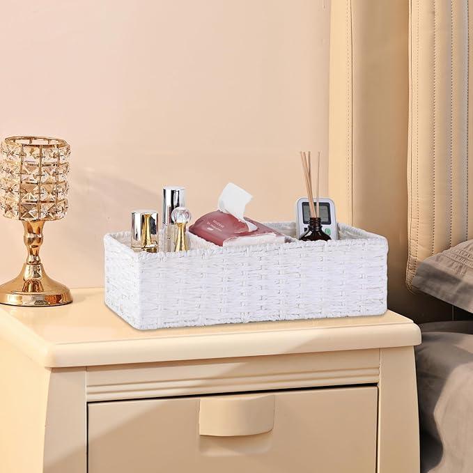 Vagusicc 3 Section Wicker Storage Basket, White Wicker Baskets for Storage, Toilet Tank Basket, Small Baskets for Organizing for Shelves, 2-Pack - ModernBath