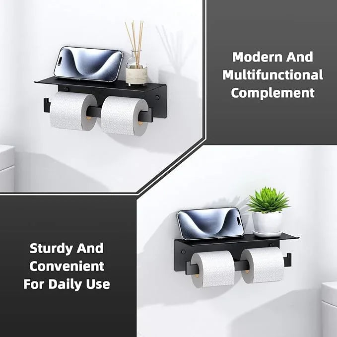 Angle Simple Matte Black Toilet Paper Holder with Shelf, 304 Stainless Steel Double Toilet Tissue Roll Holder for Wall - ModernBath