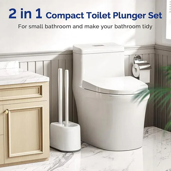 HAMITOR Toilet Plunger Bowl Brush Combo：Heavy Duty Rubber for Drain Clog Remover - Curved Design Bristles for Deep Cleaning Under Rim - Compact Bathroom Cleaning Tools for New Homet Essentials - White - ModernBath