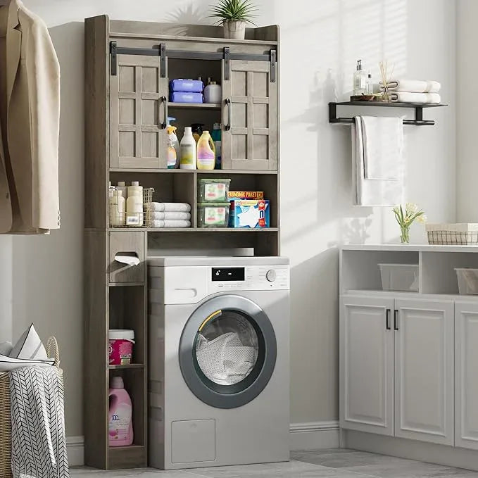 Over The Toilet Storage Cabinet, Farmhouse Storage Cabinet Over Toilet with Sliding Doors，Home Space-Saving Toilet Rack, for Bathroom, Restroom, Laundry.Wash Grey - ModernBath