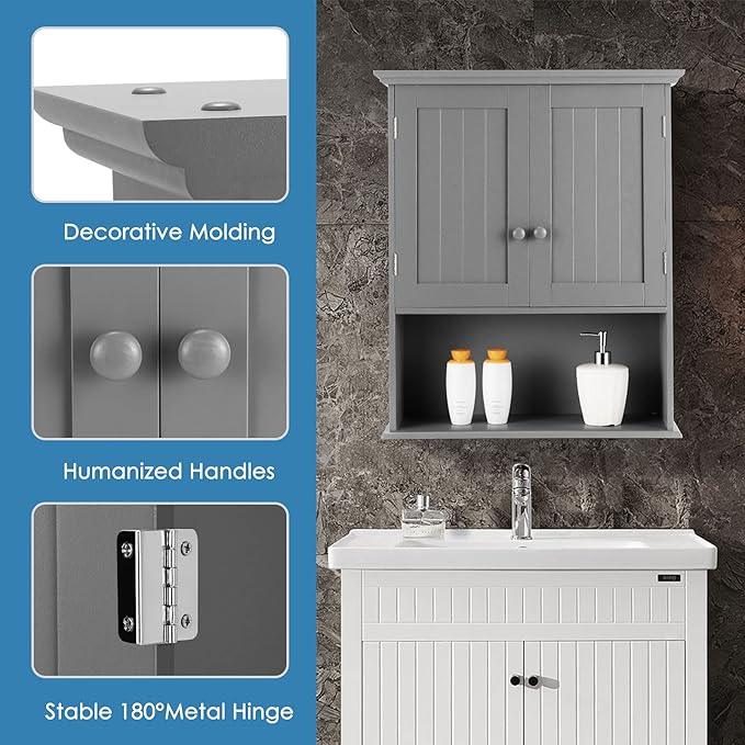 Tangkula Wall Mount Bathroom Cabinet Wooden Medicine Cabinet Storage Organizer with 2-Doors and 1-Shelf Cottage Collection Wall Cabinet (Grey) - ModernBath