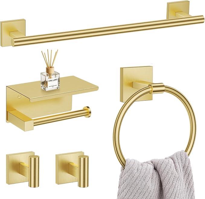 5 Pieces Brushed Gold Bathroom Hardware Set, SUS304 Stainless Steel Bathroom Accessories Set 23.6 inches Towel Bar, Toilet Paper Holder with Shelf, Towel Ring and Two Towel Hooks Wall-Mounted - ModernBath