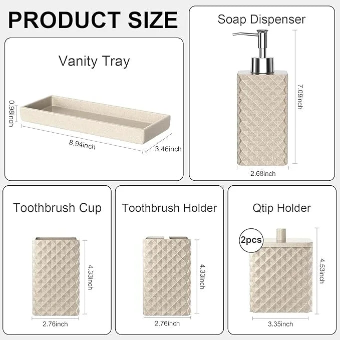 Bathroom Accessories Set Resin 6PCS, Square Toothbrush Holders Set Complete with Soap Dispenser, Vanity Tray, Tumbler, Cups and Cotton Swab Jars (Beige Diamond, Resin Bath 6 PCS) - ModernBath
