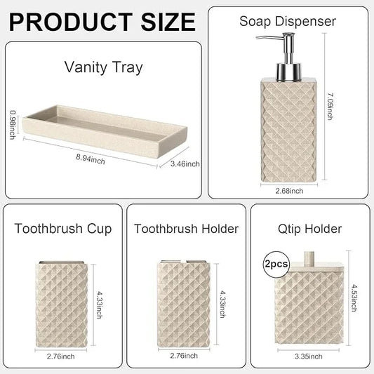 Bathroom Accessories Set Resin 6PCS, Square Toothbrush Holders Set Complete with Soap Dispenser, Vanity Tray, Tumbler, Cups and Cotton Swab Jars (Beige Diamond, Resin Bath 6 PCS) - ModernBath