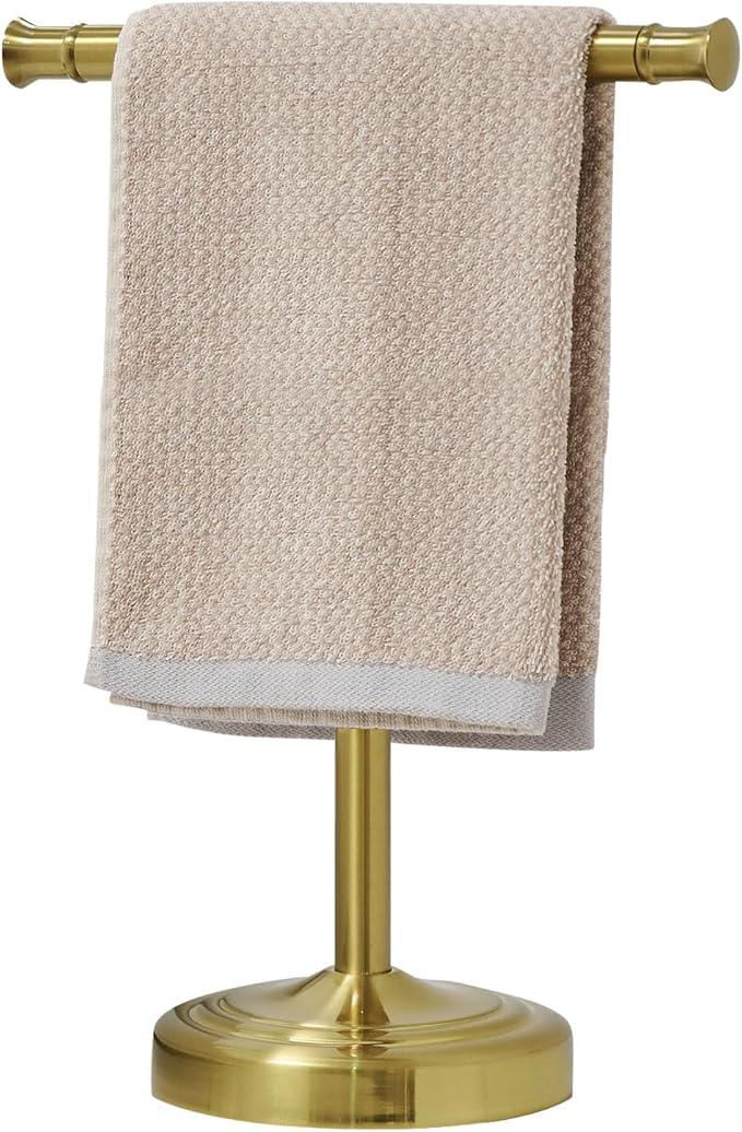 RUMOSE 13 Inch Brushed Gold Towel Stand Hand Towel Holder Bathroom Kitchen Vanity Countertop T-Shape Towel Rack Free Standing Stainless Steel Towel Bar Towel Ring - ModernBath