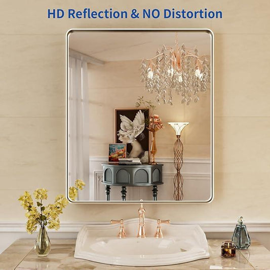WEER 36X30 Inch Brushed Nickel Bathroom Mirror, Brushed Silver Metal Frame Mirror, Rounded Rectangle Silver Bathroom Vanity Mirror, Tempered Glass, Anti-Rust, Hangs Horizontally or Vertically - ModernBath