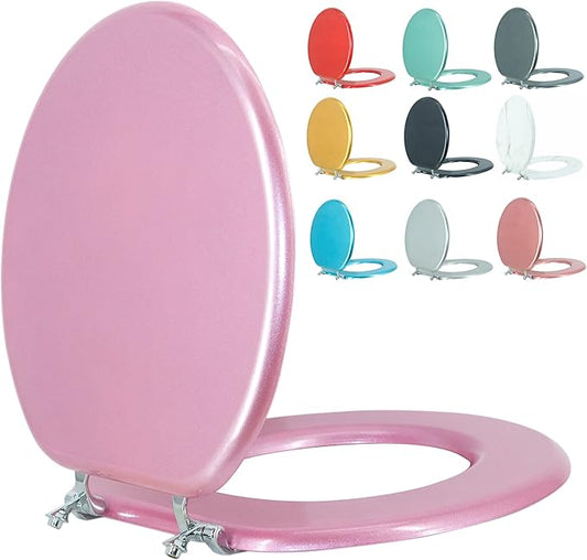 BLOFDE Round Toilet Seat Wood Toilet Seat Prevent Shifting with Zinc Alloy Hinges American Standard Size Toilet Seat Easy to Install also Easy to Clean (Round,Sparkling Pink)