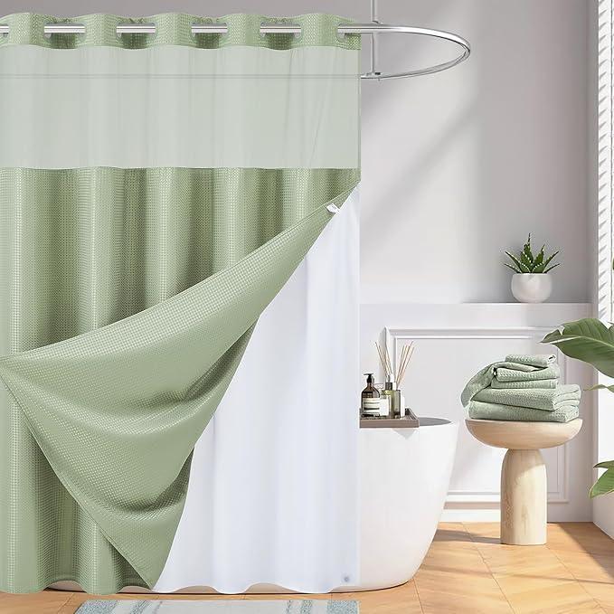 Furlinic Sage Green Small Stall No Hook Shower Curtain with Snap in Liner,Waffle Weave Heavy Duty Fabric Waterproof Bathroom Curtains,Washable Shower Curtain Set with See Through Window 36x72 Inch - ModernBath