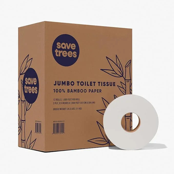 Save Trees Jumbo Toilet Paper Commercial Rolls - Bamboo, 12 Rolls per Case, 1000 Feet Non-Perforated, 2-ply, White, Bulk Toilet Paper for Commercial Dispensers - ModernBath