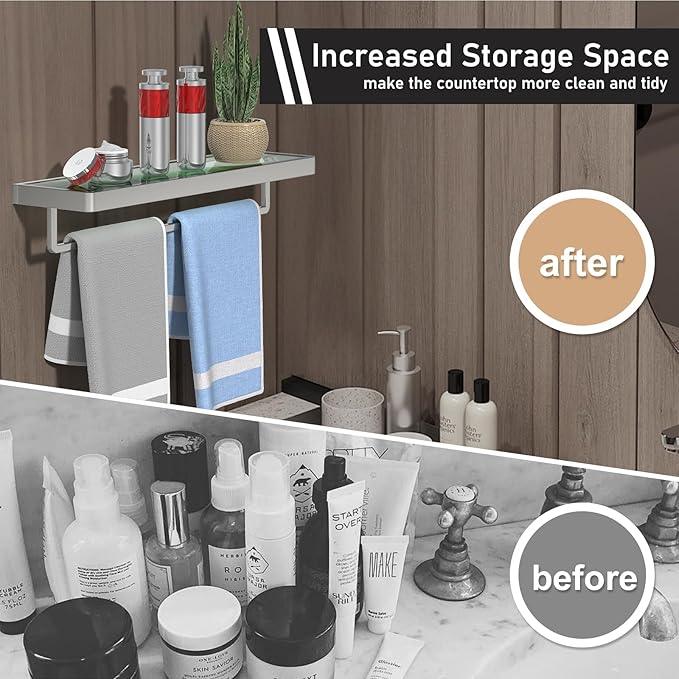 Glass Floating Shelves for Wall, Brushed Nickel 20 Inch Tempered Glass Rectangular 1 Tier Organizer Shelf for Bathroom - ModernBath