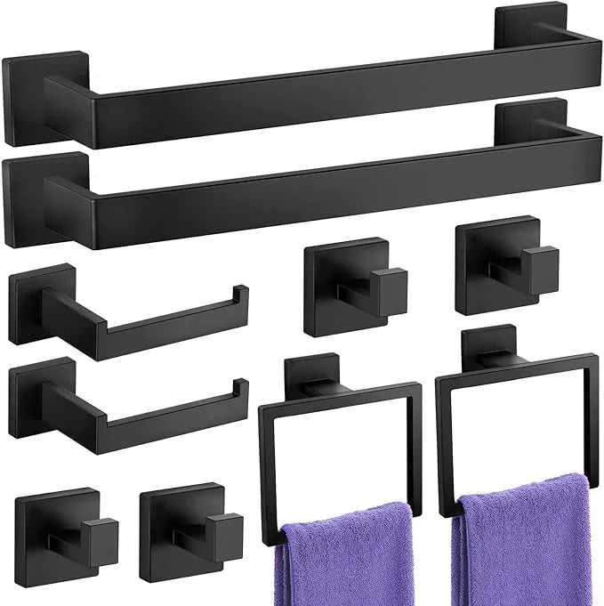 10-Pieces Towel Racks for Bathroom, Matte Black Bathroom Accessory Set, Stainless Steel Black Bathroom Accessories, SUS304 Stainless Steel Wall Mounted, Bath Towel Bar Set - ModernBath