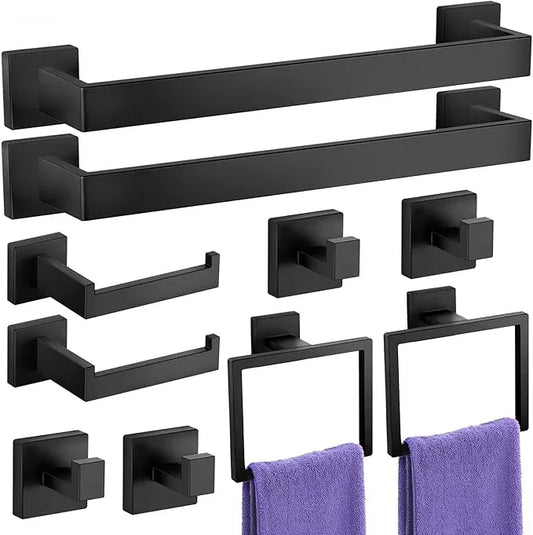 10-Pieces Towel Racks for Bathroom, Matte Black Bathroom Accessory Set, Stainless Steel Black Bathroom Accessories, SUS304 Stainless Steel Wall Mounted, Bath Towel Bar Set - ModernBath