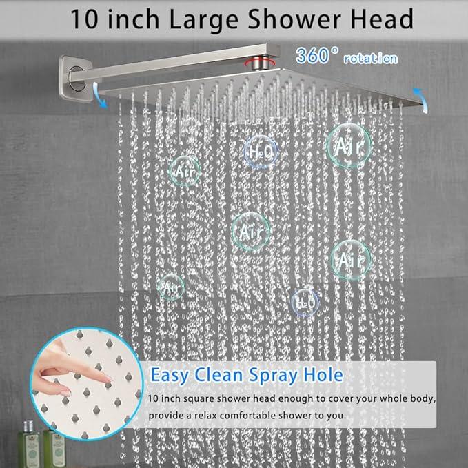 Brushed Nickel Shower System YCAIKOI Wall Mount Shower Faucet Set for Bathroom 10 Inch High Pressure Luxury Shower Head with Handheld, Rough-in Valve Body and Trim Included - ModernBath