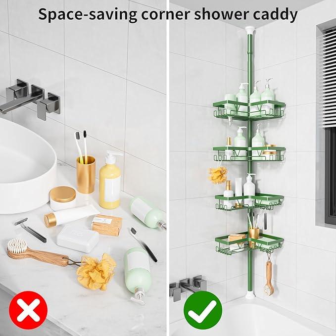 KEGII Shower Caddy Tension Pole, 4-Tier Rustproof Adjustable Corner Bathroom Organizer for Renters, 25–114.2 Inch No Drill Space-Saving Shower Storage Rack, Emerald Green - ModernBath