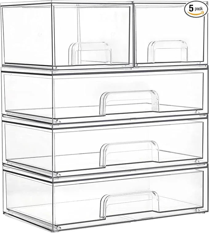 Vtopmart Clear Stackable Storage Drawers Set of 5, Plastic Organizer Bins for Makeup, Cosmetics, Beauty Supplies,Ideal for Vanity, Bathroom,Cabinet,Pantry Organization - ModernBath