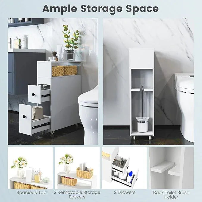 Tangkula Slim Bathroom Storage Cabinet, Movable Narrow Toilet Side Cabinet w/2 Slide Out Drawers, 2 Rattan Baskets & Shelves, Toilet Paper Holder on Wheels for Small Spaces - ModernBath