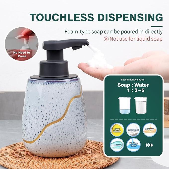 BosilunLife Automatic Foaming Soap Dispenser - Touchless Foam Hand Wash Dispenser for Bathroom Ceramic Smart Electric Auto Dish Soap Dispenser Waterproof, USB C Rechargeable, 17 oz, Speckled Blue - ModernBath