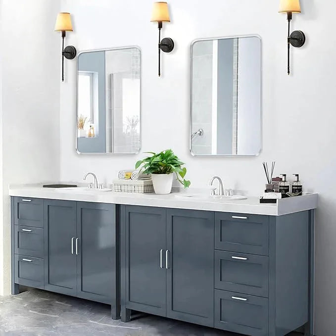 Minuover Brushed Nickel Bathroom Wall Mirror, Silver Metal Framed Large Rounded Corner Rectangle Mirror, Tempered Glass, Shatter Proof, Hangs Horizontally or Vertically (40" x 30", Silver) - ModernBath