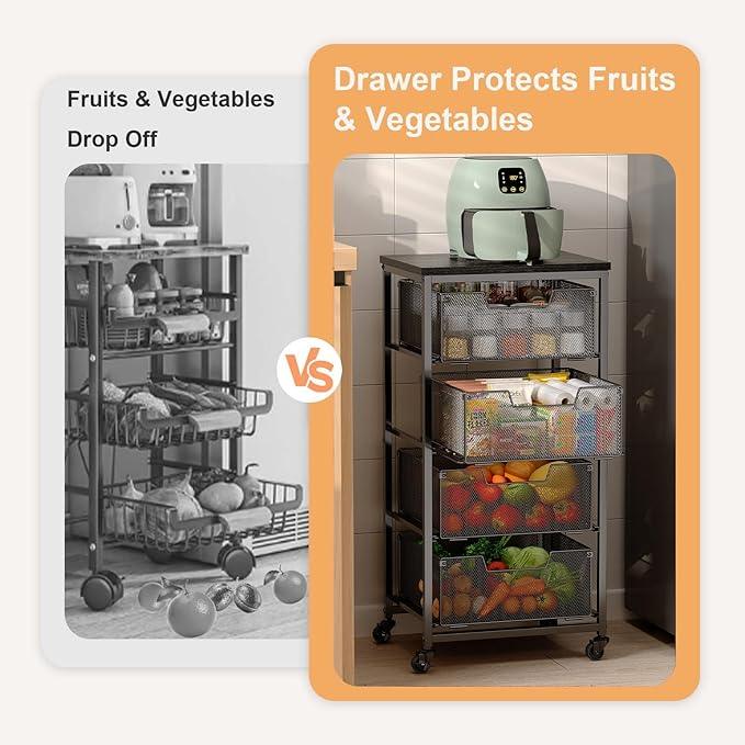 4-Tier Fruit Vegetable Storage Cart - Kitchen Organizer and Storage Cart with Wheels, Wooden Top Metal Wire Fruit Vegetable Rack Stand with Drawers to Storage Cans Snacks for Kitchen(Patent Pending) - ModernBath