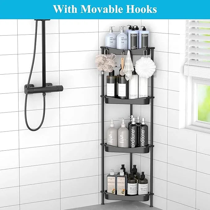 4 Tier Floor Standing Corner Shower Caddy Organizer Shelf with Hooks, Bathroom Shelves Stand Rack, Jet Black - ModernBath