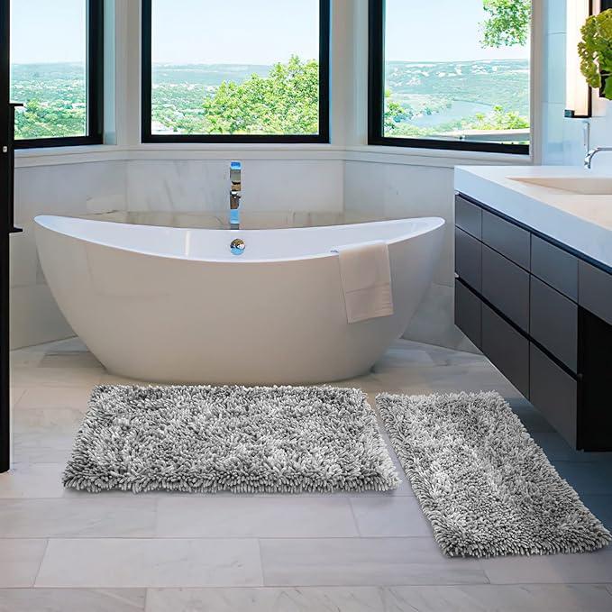 Yimobra Bathroom Rug Set 2 Piece, Luxury Shaggy Bath Mat Set with Non Slip Backing, Ultra Soft & Absorbent Mats for Bathroom Floor, Machine Washable, 44"x24"+24"x17", Light Grey - ModernBath