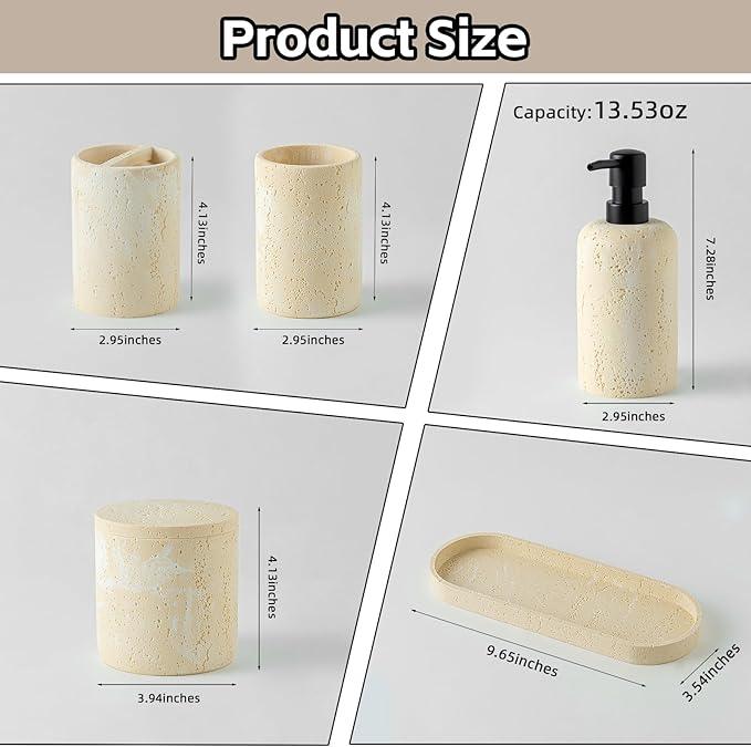 WUUAHOME Bathroom Accessories Set, Travertine Stone-Look, 6 PCS Bathroom Accessory Set with Soap Dispenser, Toothbrush Holder, Tumbler, Vanity Tray, Cotton Swab Jars for Countertop (Yellow) - ModernBath
