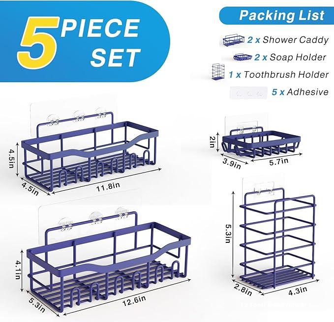 EUDELE 5-Pack Rustproof Stainless Steel Shower Caddy – No Drill Adhesive Bathroom Organizer with Large Capacity, Spacious Shower Shelves for Inside Shower, Kitchen & Home Decor Storage-XL Size - ModernBath