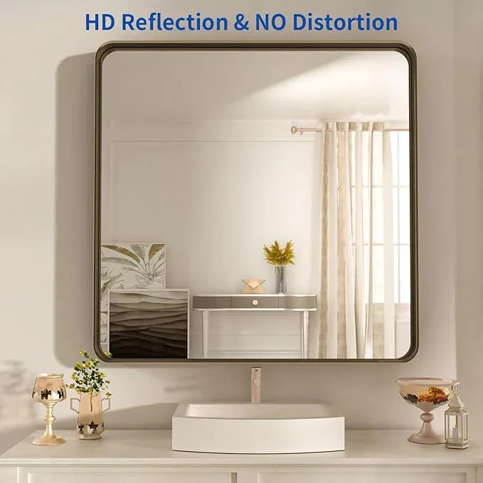 WEER 36x30 Inch Bronze Bathroom Mirror for Vanity, Brushed Bronze Metal Frame Mirror for Wall, Rounded Rectangle Bronze Frame Mirror with Tempered Glass, Anti-Rust (Horizontal/Vertical) - ModernBath