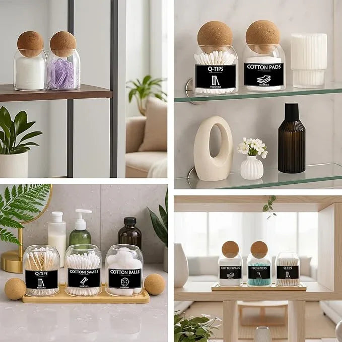 3PCS Qtip Holder for Bathroom Set, 17oz Glass Apothecary Jars with Cork Lids and Tray, Cotton Ball and Swab Holder, Bathroom Containers Organizers and Storage with 9 Labels - ModernBath