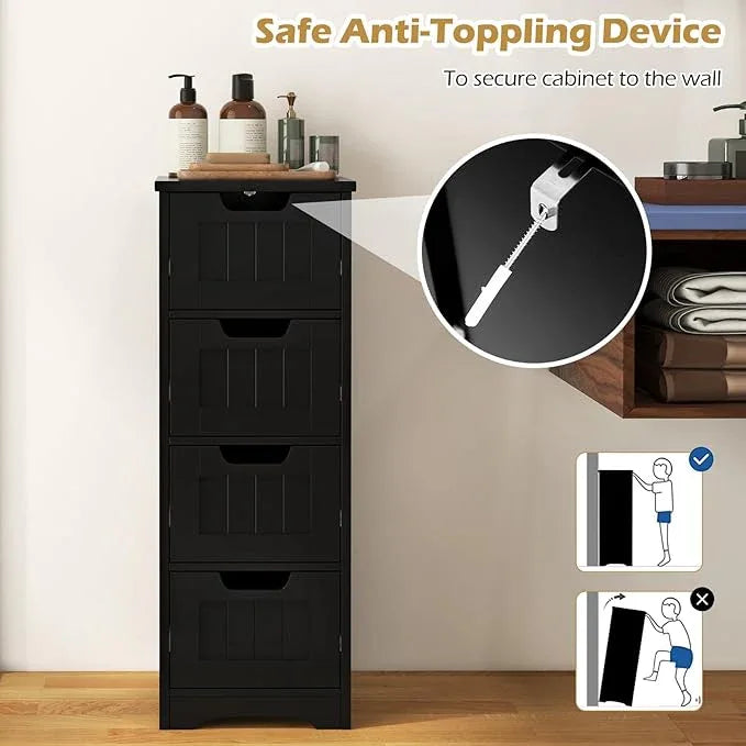 LOKO Floor Storage Cabinet with 4 Drawers, Bathroom Cabinet with Anti-toppling Device, Multifunctional Floor Cabinet for Bathroom, Living Room, Kitchen, 12 x 12 x 32 inches (Black) - ModernBath
