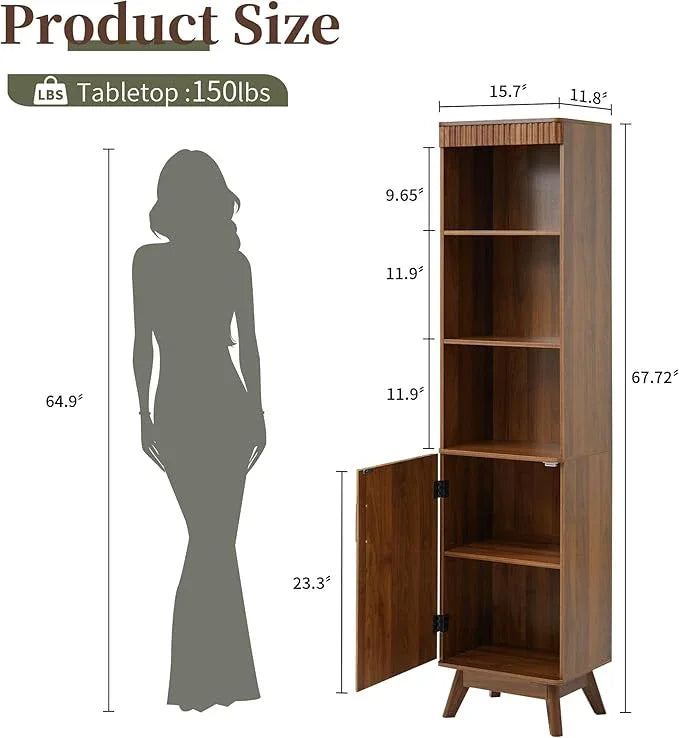 68" Tall Bathroom Storage Cabinet,Narrow Fluted Tower Cabinet with Door and Shelves,Slim Space Saving Storage Unit for Bathroom Kitchen Living Room (Walnut, 11.8" D x 15.75" W x 68" H) - ModernBath