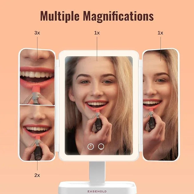 EASEHOLD Lighted Makeup Mirror, Rechargable Vanity Mirror with Magnification, 2X 3X, Trifold Makeup Mirror with Touch Control, 3 Color Dimmable LED Lights, Portable Make up Mirror, Gifts for Women - ModernBath