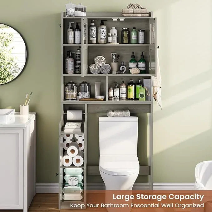 Itaar Over The Toilet Storage Cabinet, Over Toilet Bathroom Organizer with Glass Doors & Toilet Paper Holder Stand, Home Space-Saving Toilet Rack, for Bathroom, Restroom, Laundry, Grey - ModernBath