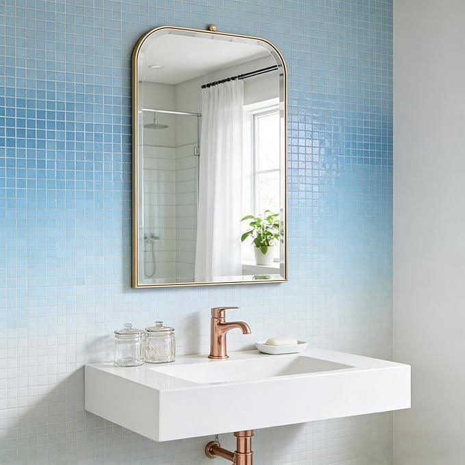 POZINO Brushed Gold Arched Mirror, 22"x35" Brass Vanity Oblong Mirror for Over Sink, Stainless Steel Frame Rounded Rectangle Mirrors for Bathroom Bedroom Living Room Entryway Hallway - ModernBath