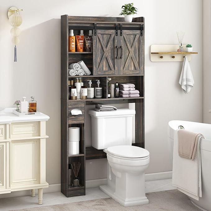 Vabches Over The Toilet Storage Cabinet, Farmhouse Storage Cabinet Over Toilet with Sliding Door& Toilet Paper Holder Stand，Home Space-Saving Toilet Rack, for Bathroom, Laundry and Restroom - ModernBath