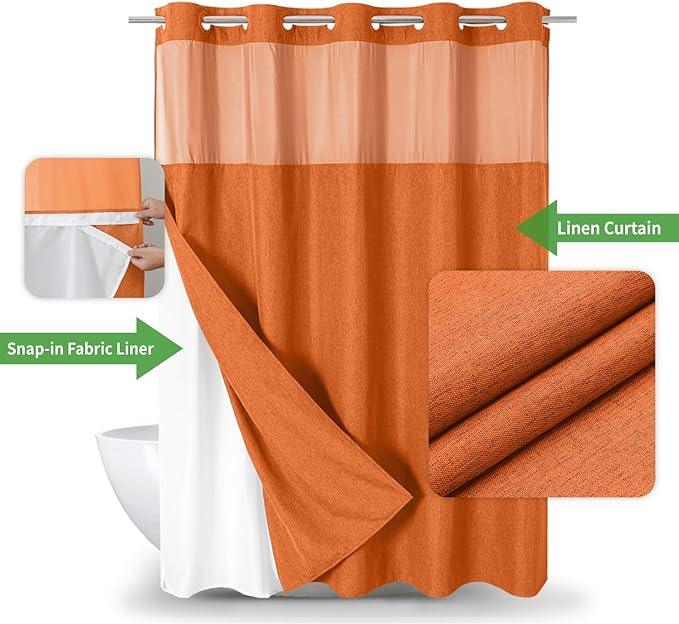 eachope Extra Long No Hooks Needed Linen Textured Shower Curtain with Snap-in Fabric Liner Set,White Hotel Luxury Decor Shower Curtains for Bathroom,Waterproof & Washable,71Wx86H,Burnt Orange - ModernBath