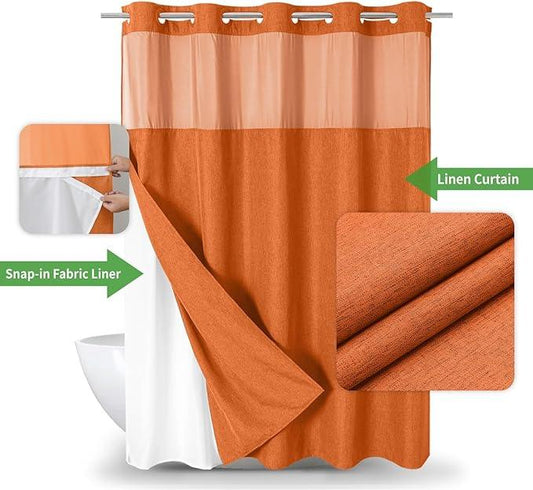 eachope Extra Long No Hooks Needed Linen Textured Shower Curtain with Snap-in Fabric Liner Set,White Hotel Luxury Decor Shower Curtains for Bathroom,Waterproof & Washable,71Wx86H,Burnt Orange - ModernBath