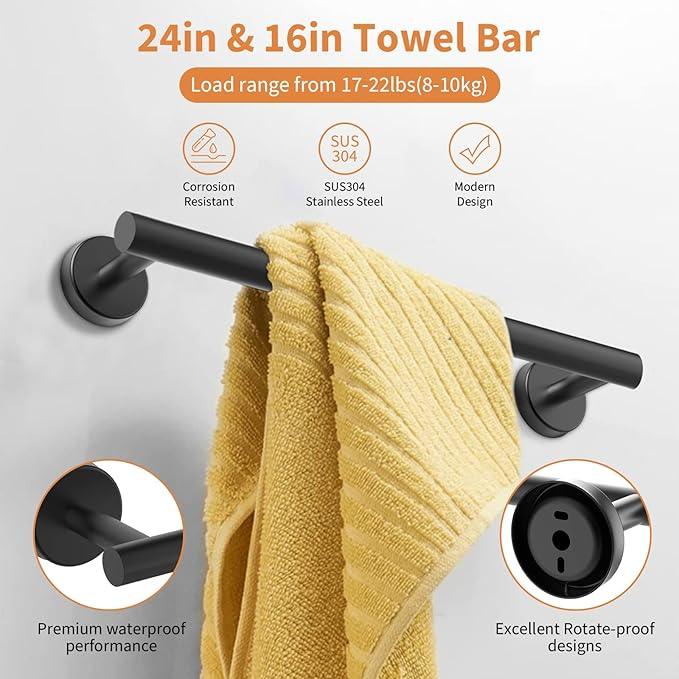 Cilee 10 Piece Matte Black Bathroom Hardware Set,2 Pack 5 Piece Bathroom Accessories Set Include 24 inch,16 inch Toilet Paper Holder, Towel bar,Towel Ring,Towel Hook,Stainless Steel Wall Mounted - ModernBath