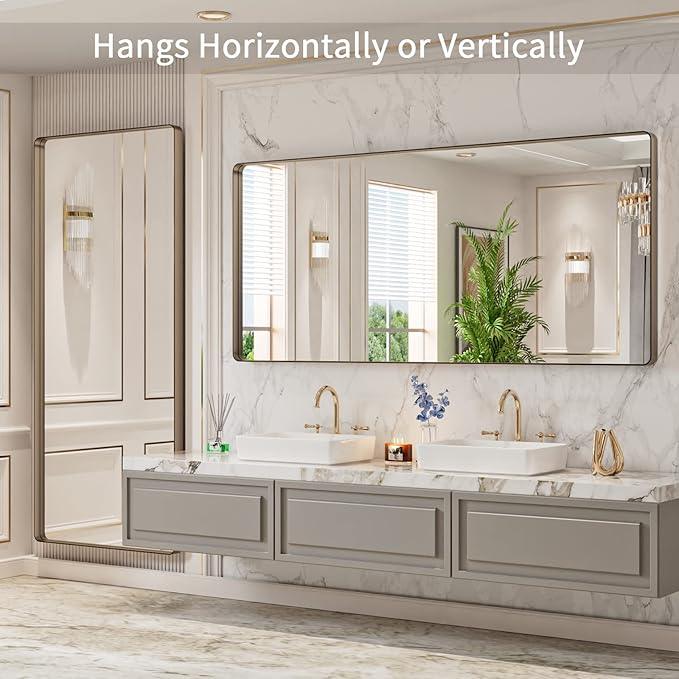 LOAAO 72”X32” Bronze Bathroom Mirrors for Vanity, Rounded Rectangle Brushed Bronze Metal Frame Mirror, Anti-Rust, Tempered Glass, Hangs Horizontally or Vertically - ModernBath