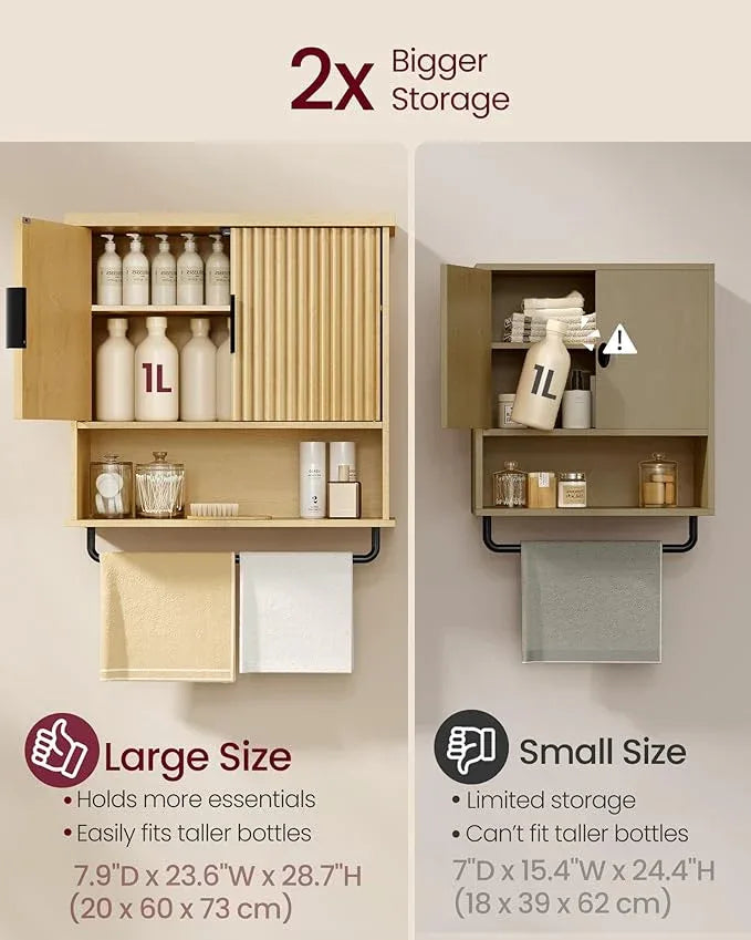 VASAGLE MAXE Collection - Bathroom Cabinet Wall Mounted, Over Toilet Hanging Cabinet with Adjustable Shelf, Towel Bar, Fluted Doors, 7.9 x 23.6 x 28.7 Inches, Transitional, Oak Beige UBBK135Y01S - ModernBath