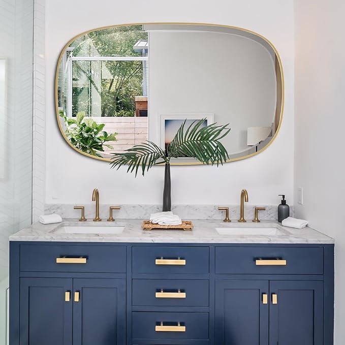 POZINO Brushed Gold Beveled Mirror, 24"x40" Modern Rounded Rectangle Mirrors, Brass Oval Mirrors, Oblong Vanity Wall Mirror in Premium Stainless Steel Frame, Hangs Horizontal Or Vertical - ModernBath