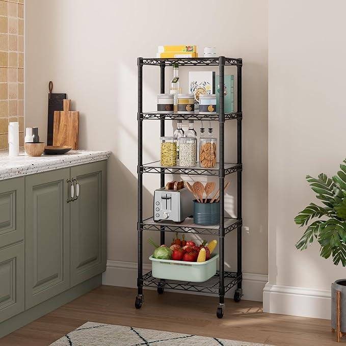 Small 5 Tier Shelves Storage Wire Shelving Unit Metal Shelf Adjustable Organizers Storage Shelving with Wheels for Bathroom Laundry Room Kitchen Pantry12”D x 18”W x 57.2”H Black - ModernBath