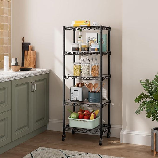 Small 5 Tier Shelves Storage Wire Shelving Unit Metal Shelf Adjustable Organizers Storage Shelving with Wheels for Bathroom Laundry Room Kitchen Pantry12”D x 18”W x 57.2”H Black - ModernBath