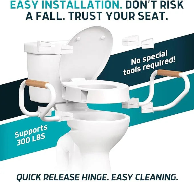 Lunderg Raised Toilet Seat with Handles - Round/Standard - Easy to Install Toilet Seat Risers for Seniors - Adds 3 Inches & Works like the one you’ve always used - Elegant design - No Hospital Vibe - ModernBath