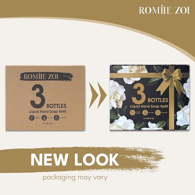 ROMIIE ZOI Hand Soap Refills, Gardenia Liquid Hand Soap, Large 750 ML / 26 FL OZ Bottles (Pack of 3), Gentle & Moisturizing Formula, Natural & Cruelty-Free for Kitchen and Bathroom Soap Dispensers - ModernBath