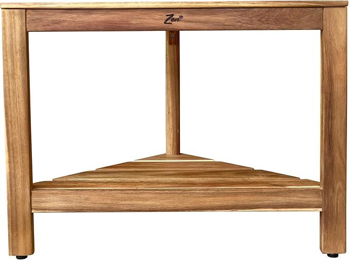 Zen 18" Acacia Wood Shower Stool – Corner Shower Bench with Shelf, Teak-Like Finish, Wooden Bath Stool for Shower or Spa - ModernBath
